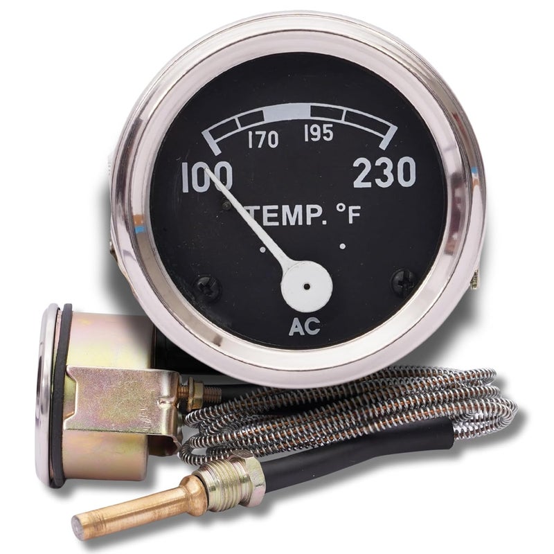VR Autopedia Temperature Gauge for Ford Tractors: 2N 8N 9N NAA 601 701 801 901 2000 4000 Golden Jubilee | 52mm Diameter, 72” Lead, 100-250F, Chrome Bezel | FDFDTMP72 Temp Meter FD - Image 1